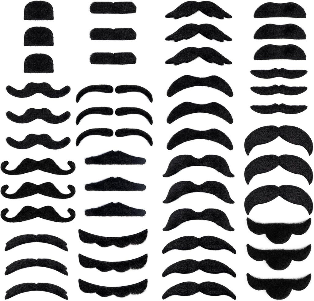 48 Pcs Fake Mustaches, Self Adhesive Fake Beard, Novelty Hairy Beard, Costume Facial Hair for Halloween Party