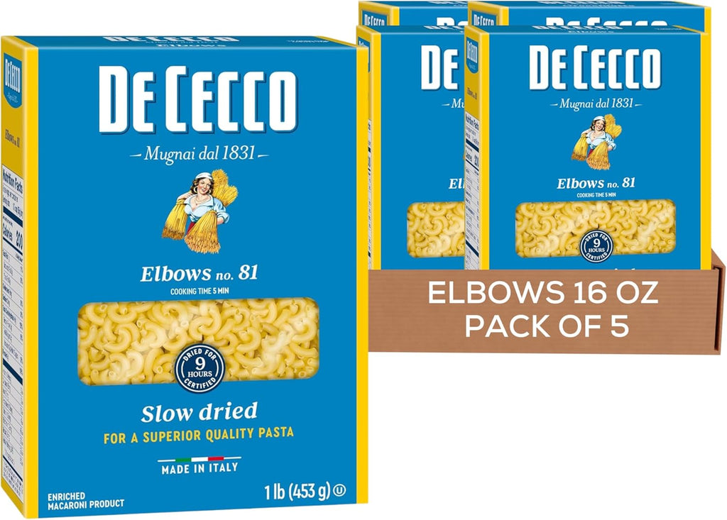 De Cecco Elbows No. 81 Pasta, 16 Oz (Pack of 5), Authentic, Slow Dried, Made with Durum Wheat, Versatile Pasta for Sauces & Recipes, Made in Italy