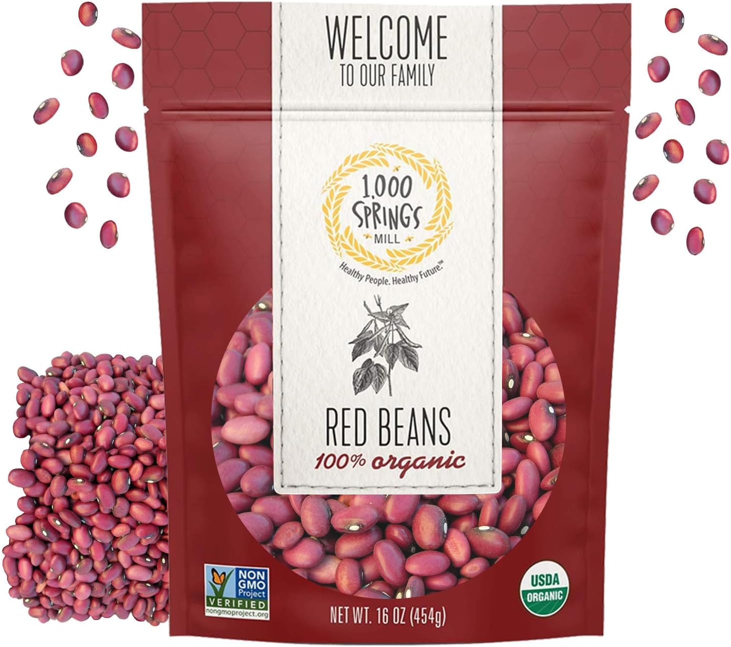 1000 Springs Mill - Organic Red Beans | Used for Soups, Salads, Chili or as a Sweet Paste for Desserts | Bulk Dry Red Beans | Resealable Bag | Vegan Friendly | 16oz (Pack of 1)