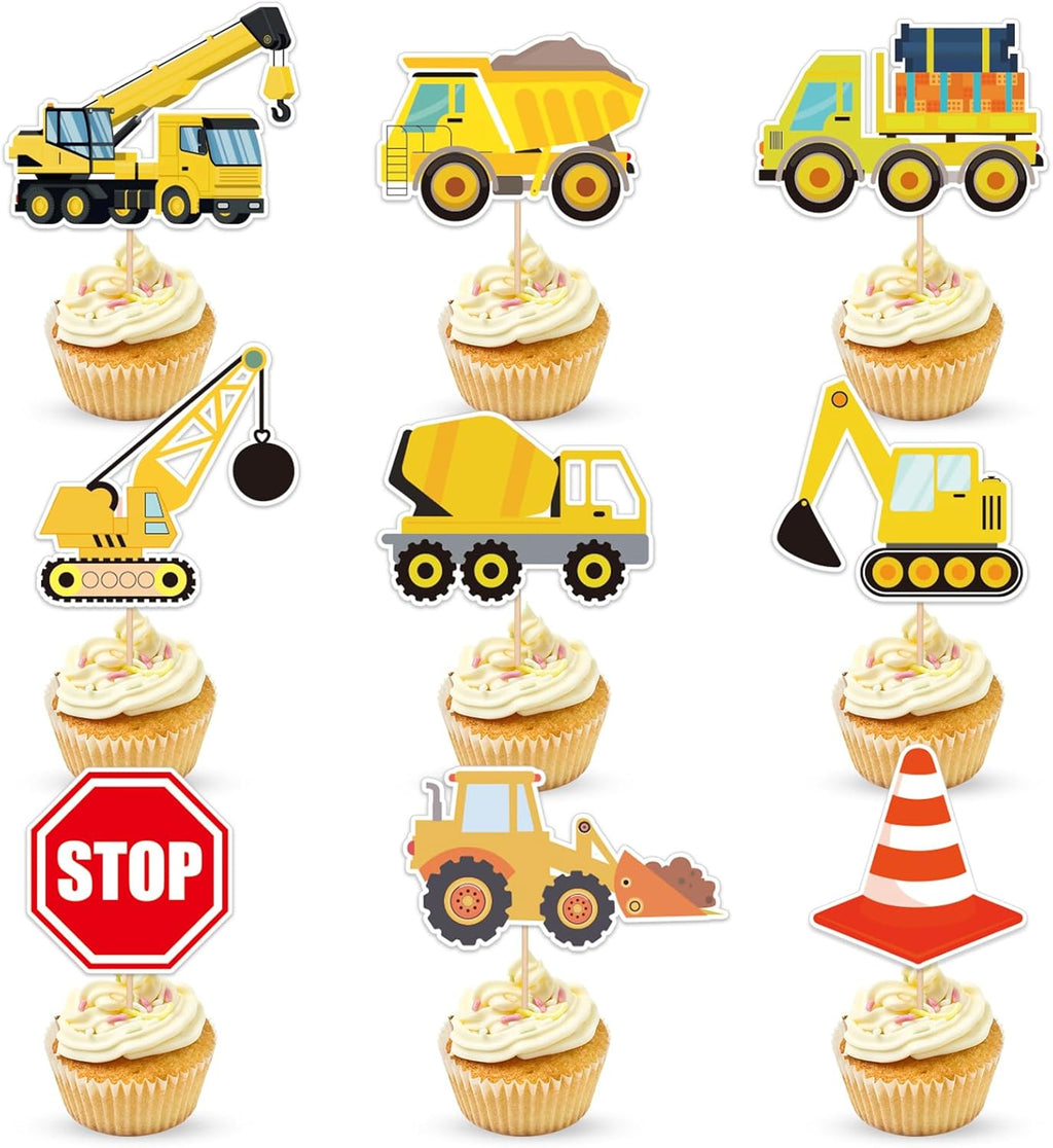 45 PCS Construction Cupcake Toppers Dump Truck Excavator Tractor Stop Sign Part Cake Toppers for Construction Theme Kids Birthday Decorations Baby Shower Birthday Sign Decor Party Decor Party Supplies