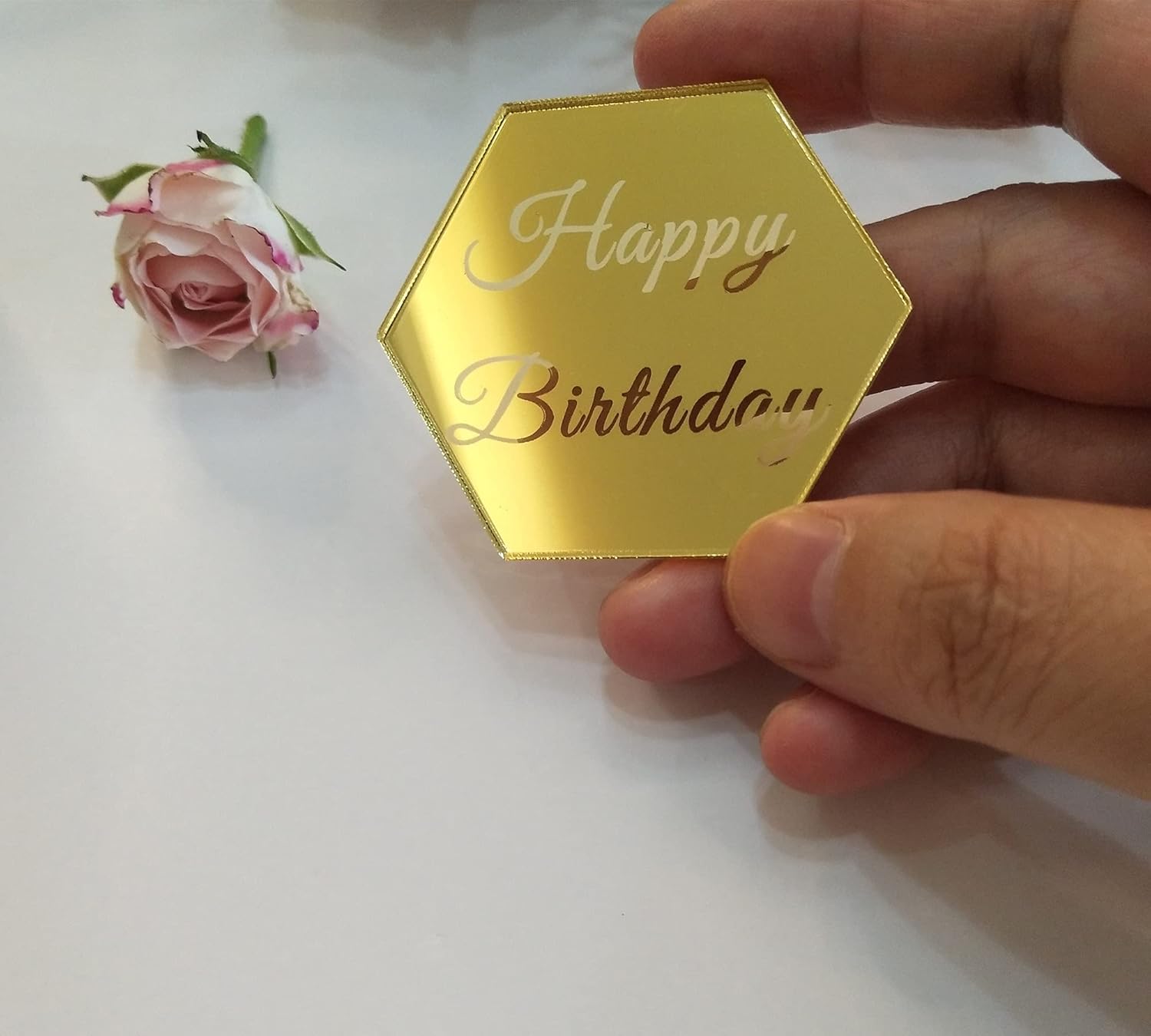 Set of 12pcs Hexagon Cake Topper Disc, Happy Birthday Mirror Acrylic Cake Discs, Topper Decor for Cupcake,Mini Acrylic Cake Toppers (Gold Mirror)