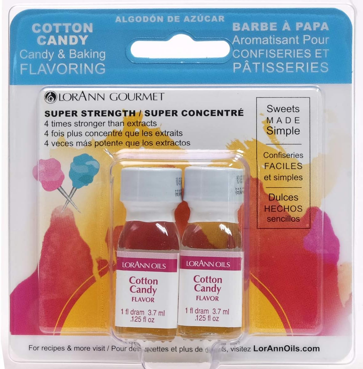 LorAnn Oils Super Strength Flavoring - Used For Candy Making, Flavoring, Baking, Hard Candy, & Flavor Oils - Bold, Natural Flavors 4X Stronger Than Extracts - Cotton Candy, Pack of 2, 0.125 fl oz