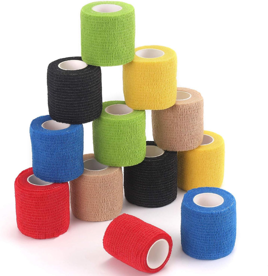 Self Adherent Wrap Tape Medical Cohesive Bandages Flexible Stretch Athletic Strong Elastic First Aid Tape for Sports Sprain Swelling and Soreness on Wrist and Ankle Colorful 12 Pack 2Inch X 5Yards