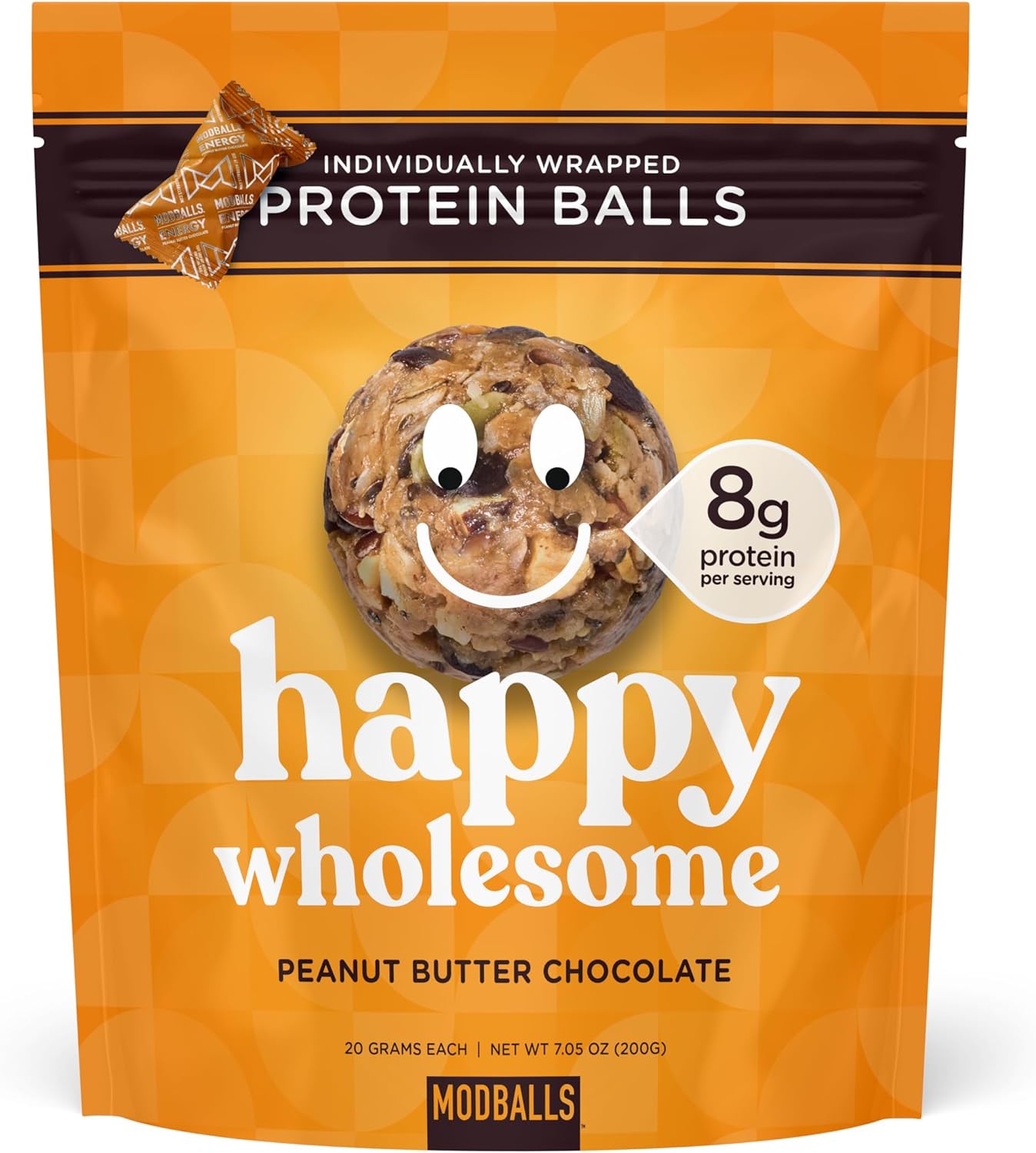Happy Wholesome Protein Balls 7.05oz Bag (Peanut Butter Chocolate Chip) Protein Snack, 8 g High-Protein per serving, 7.05oz, Individually Wrapped Protein Ball, Gluten-Free, Healthy Snack for Adults & Kids.