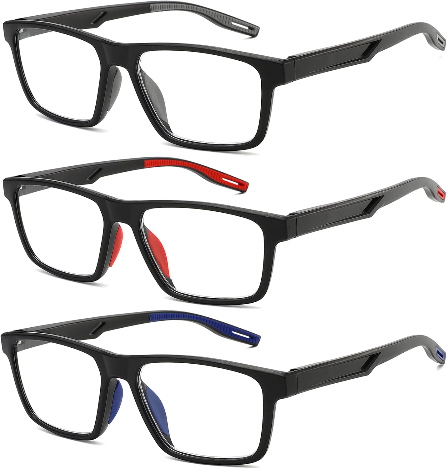 Sports Style Reading Glasses for Men - 3 pack Classic Square TR Frame Lightweight Readers with Spring Hinge