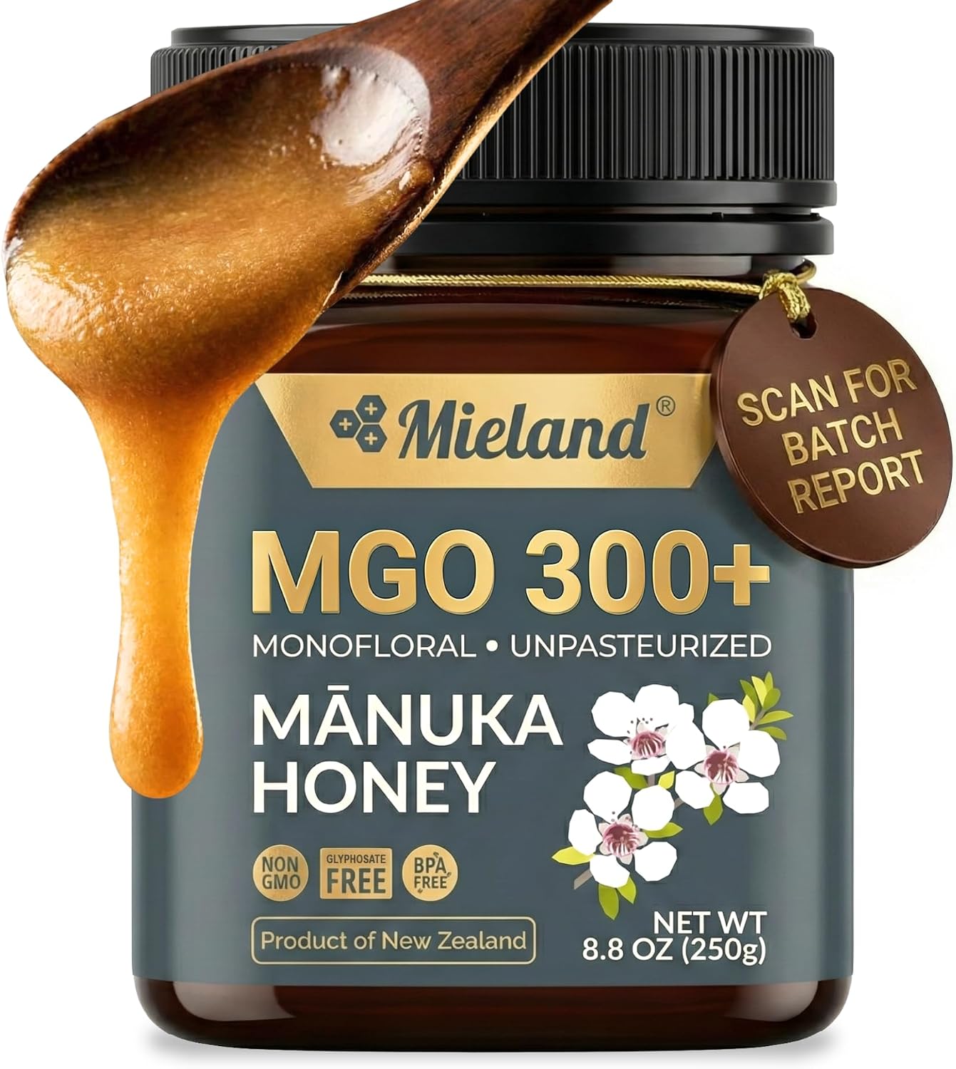 100% Certified Pure New Zealand Manuka Honey MGO 300+ | Raw Unpasteurized Natural Honey | Fully Traceable, Non-GMO, Glyphosate Free, Lab Tested (250g)