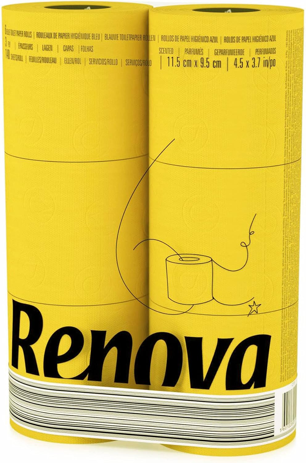 Renova Yellow Toilet Paper 3-Ply -Ideal for Decorating Your Home or Office - Pack of 6 Compact Rolls- 140 Sheets - Eco-label Certified - Dermatologically Tested - Septic Safe - Sustainable & Soft