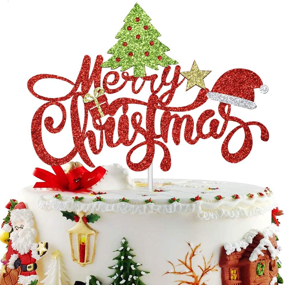 Merry Christmas Cake Topper Color Glitter Christmas Party Cake Decoration