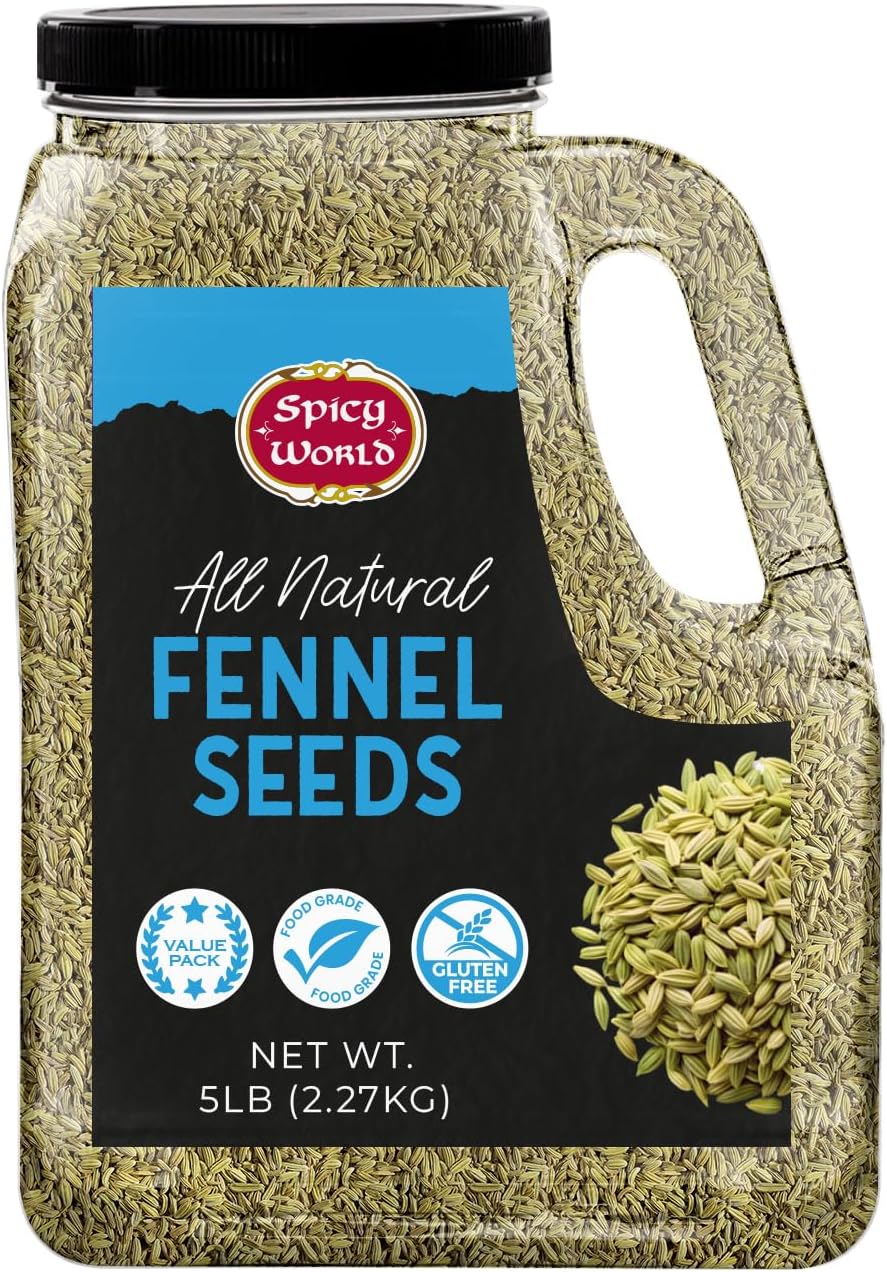 Spicy World Fennel Seeds 5 LB Bulk Jar - Whole Sweet Fennel - Great for Cooking, Tea, Mouth Fresheners, or Make Fresh Powder - Premium Quality, All Natural
