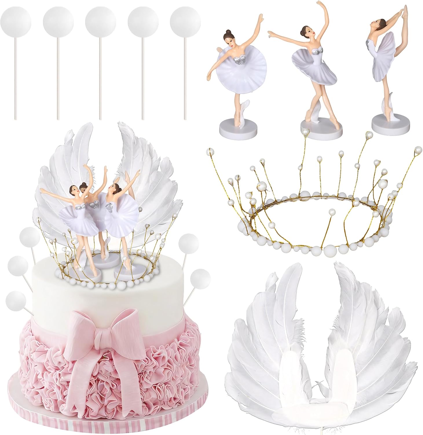 10 Pack Ballet Cake Toppers Dancing Ballerina Figurine Cake Picks Dancing Ballerina Girl Figurine Feather Crown Cake Decorations for Ballet Baby Shower Birthday Party Wedding Decoration