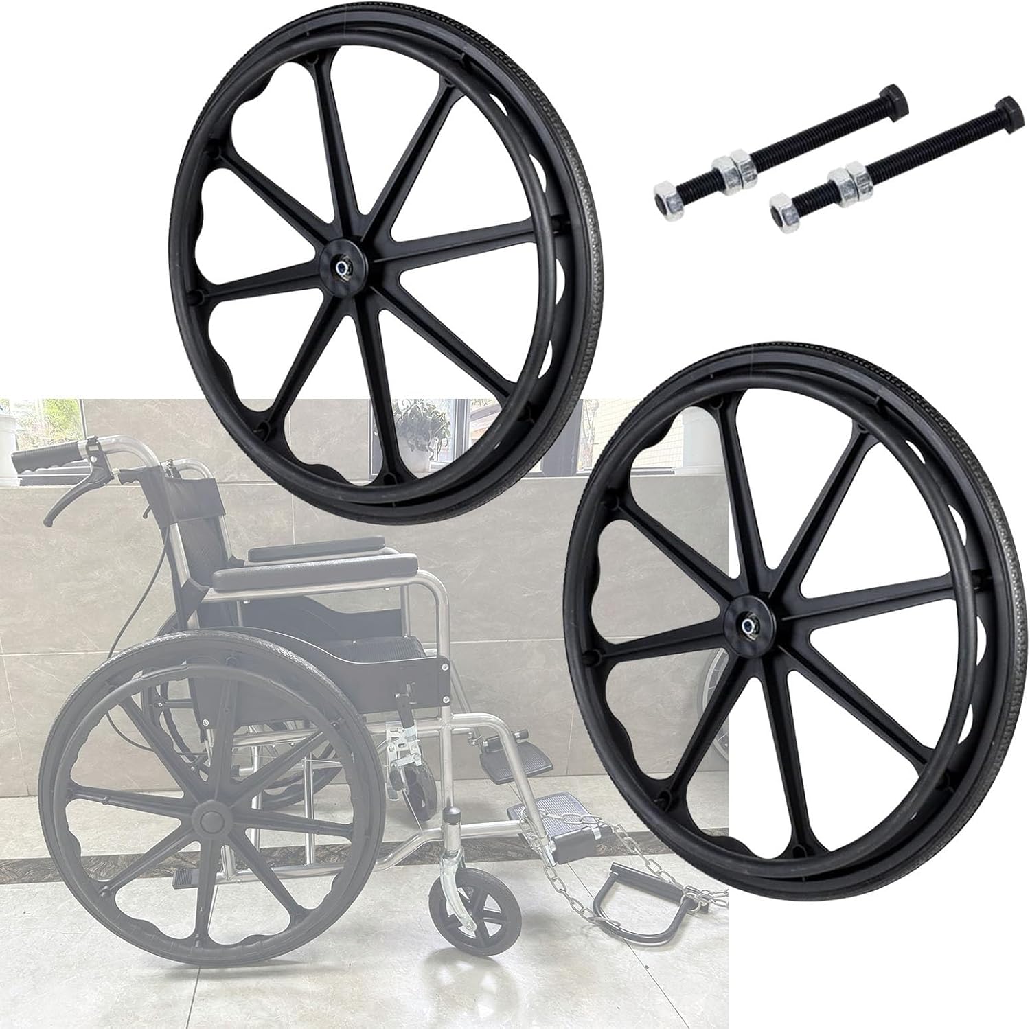 WORDFUN 2 Pcs Wheelchair Wheels Replacement, Rear Wheel for Rollators and Manual Wheelchairs, Antislip Wearresistant Solid Wheel, Tires Wheels Assembly, Silence, Easy to Scroll