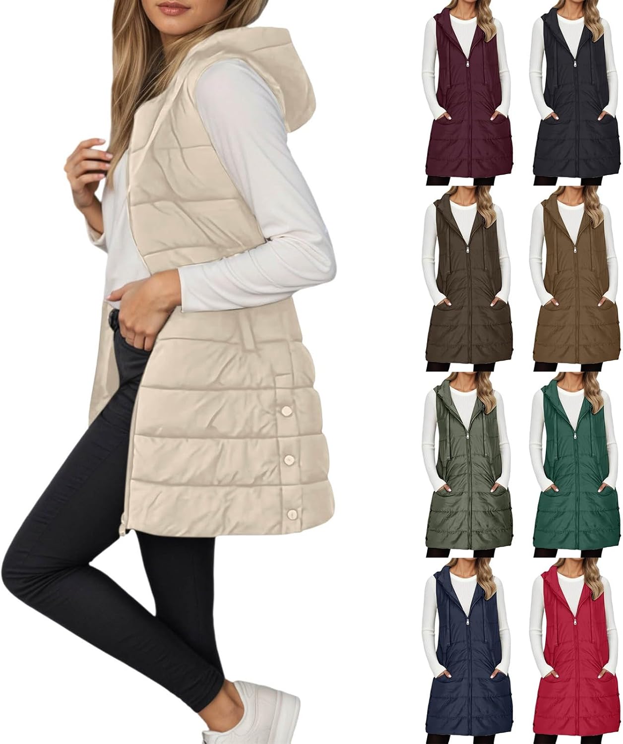 JiXiang Long Vest for Women Sleeveless Winter Warm Quilted Zipper Puffer Vest with Hood Padded Down Coat Jackets Outerwear