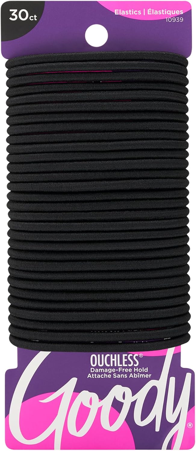 Goody Ouchless Hair Elastics - No Pull, No Breakage, Tangle-Free Hold for Thick, Curly, Coily & Textured Hair - 30 Count, Black, Long-Lasting Ponytail Holders for Women & Men