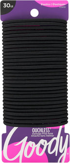 Goody Ouchless Hair Elastics - No Pull, No Breakage, Tangle-Free Hold for Thick, Curly, Coily & Textured Hair - 30 Count, Black, Long-Lasting Ponytail Holders for Women & Men
