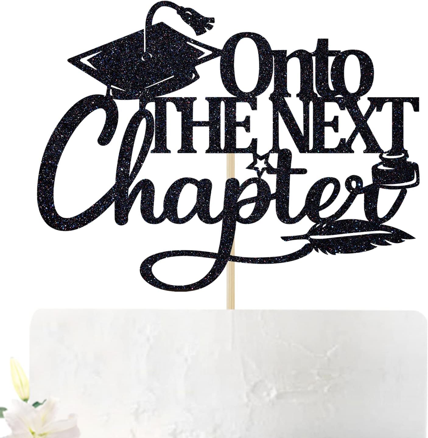 Onto The Next Chapter Cake Topper, Adventure Awaits/The Beginning of A New Chapter, 2026 Graduation Party Decorations Supplies for Boys Girls, Black Glitter