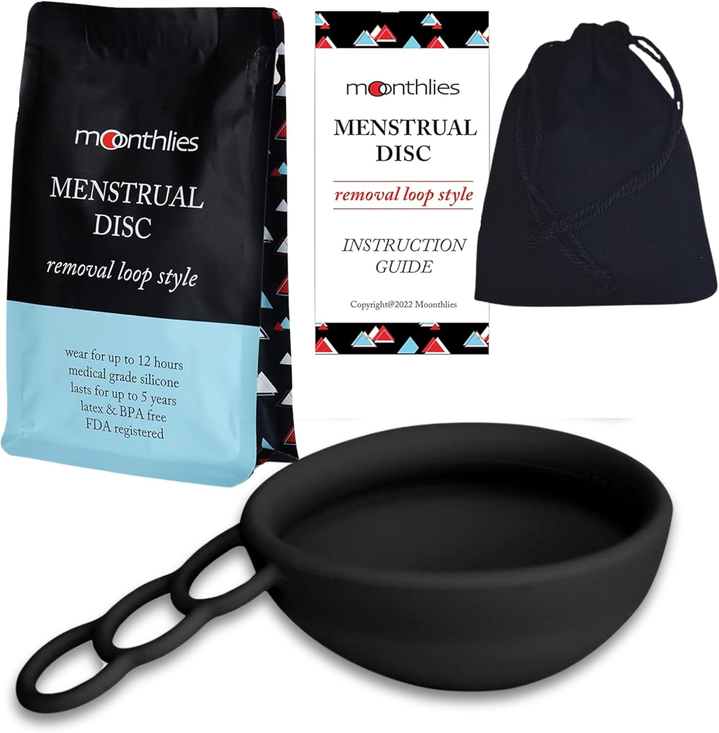 MOONTHLIES Reusable Menstrual Disc | Period Disc with Removal Loop Stem | Alternative to Menstrual Cups for Light or Heavy Flows | Sustainable Alternative to Tampons/Pads (1 Large, Black)