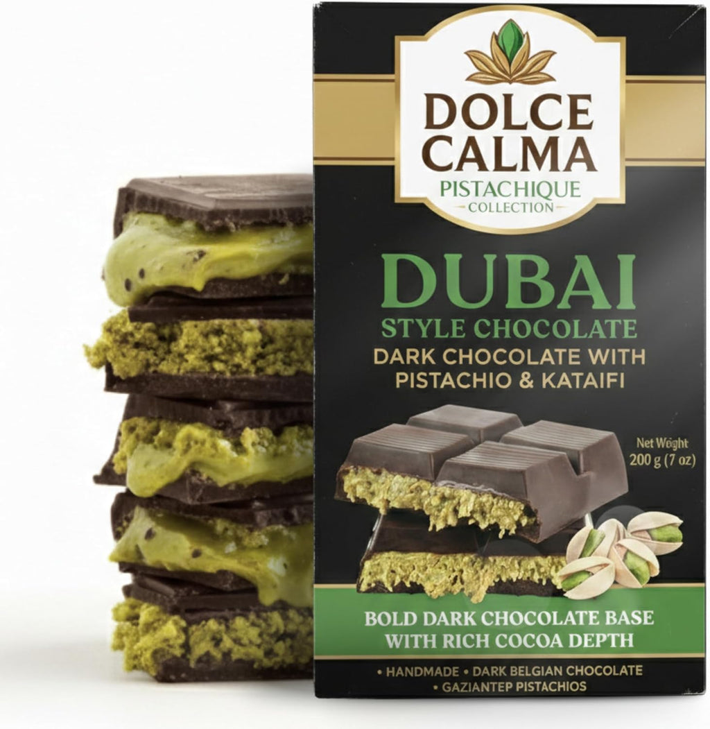 Dolce Calma Dubai Chocolate Bar Dark (200g / 7oz) – Viral Authentic Handmade Belgian Chocolate with Turkish Pistachio & Crispy Kataifi, Premium Quality Candy, Luxury Cream Kunafa Filling, No Palm Oil