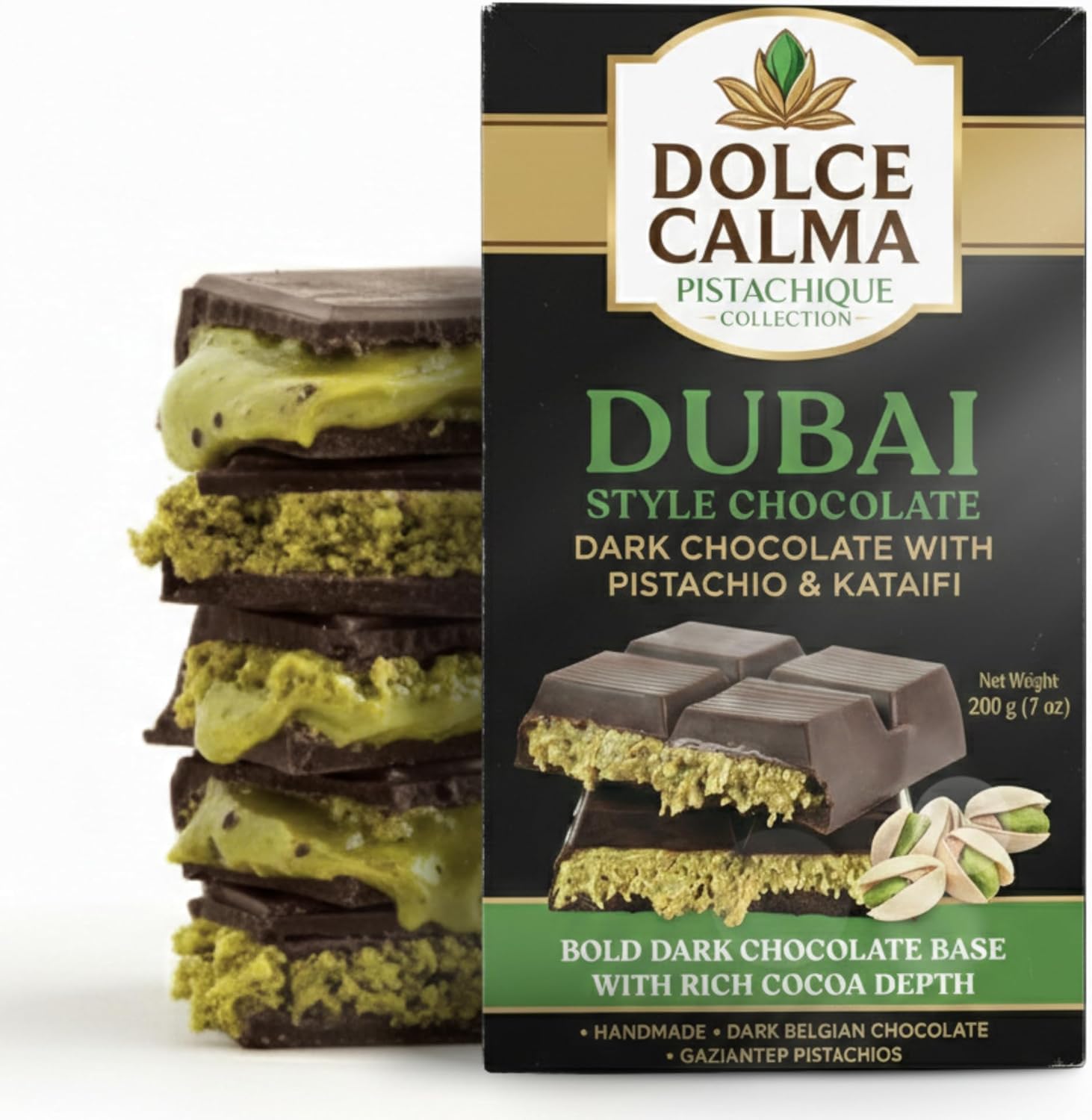 Dolce Calma Dubai Chocolate Bar Dark (200g / 7oz) – Viral Authentic Handmade Belgian Chocolate with Turkish Pistachio & Crispy Kataifi, Premium Quality Candy, Luxury Cream Kunafa Filling, No Palm Oil