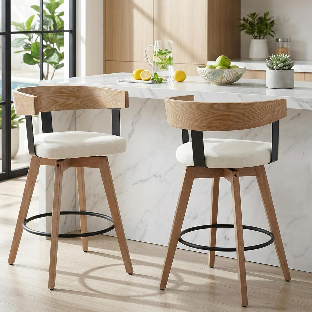 HNY 360° Swivel Bar Stools Set of 2, 26" Seat Height Counter Chairs with Linen White Upholstery Solid Wood Frame & Metal Footrest Modern Kitchen Island Stools for Home Bar & Dining Room