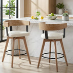 HNY 360° Swivel Bar Stools Set of 2, 26" Seat Height Counter Chairs with Linen White Upholstery Solid Wood Frame & Metal Footrest Modern Kitchen Island Stools for Home Bar & Dining Room