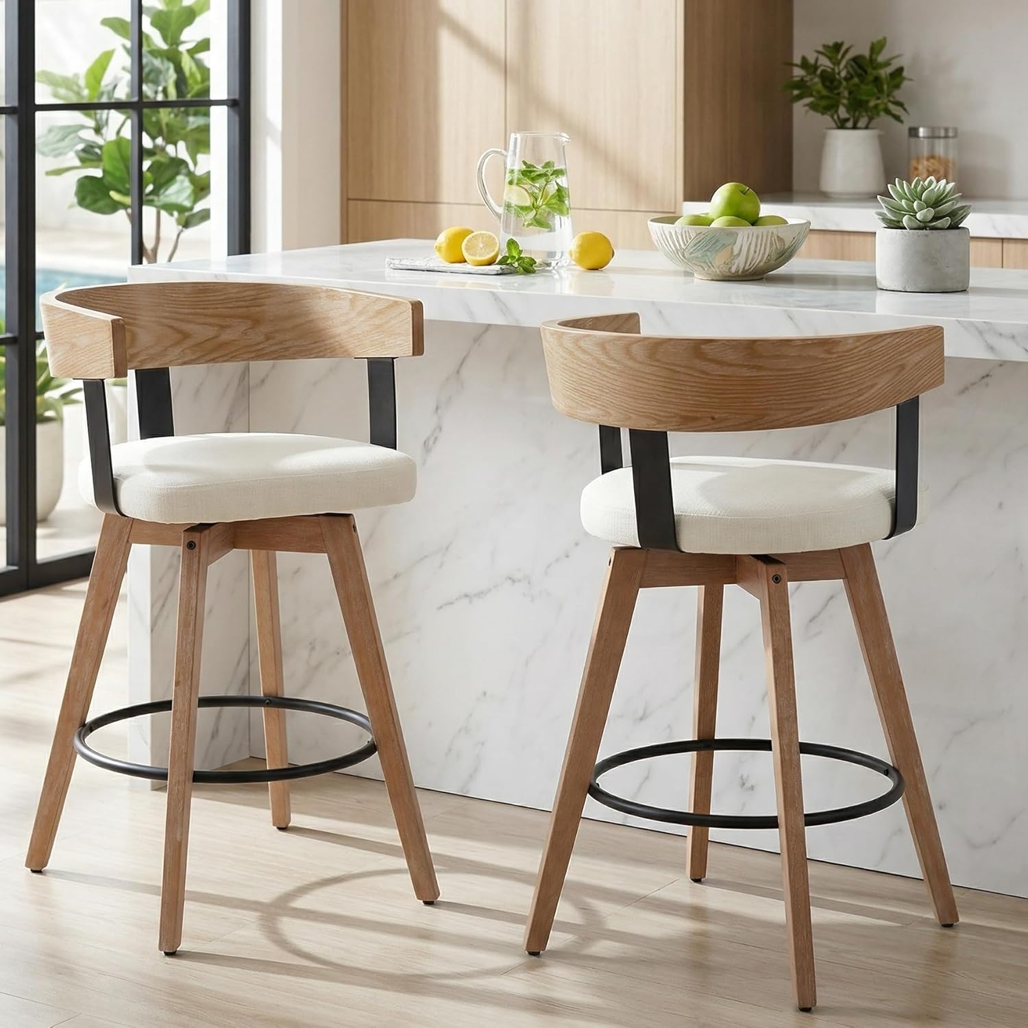 HNY 360° Swivel Bar Stools Set of 2, 26" Seat Height Counter Chairs with Linen White Upholstery Solid Wood Frame & Metal Footrest Modern Kitchen Island Stools for Home Bar & Dining Room