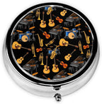 Small Pill Box 3 Compartment Round Travel Pill Box Portable Compact Medicine Holder for Vitamin, Cod Liver Oil (Music Instrument Piano Saxophone Guitar)