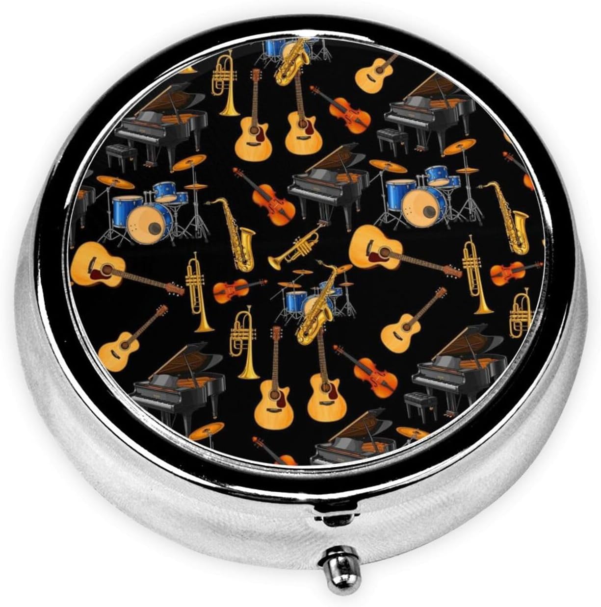 Small Pill Box 3 Compartment Round Travel Pill Box Portable Compact Medicine Holder for Vitamin, Cod Liver Oil (Music Instrument Piano Saxophone Guitar)