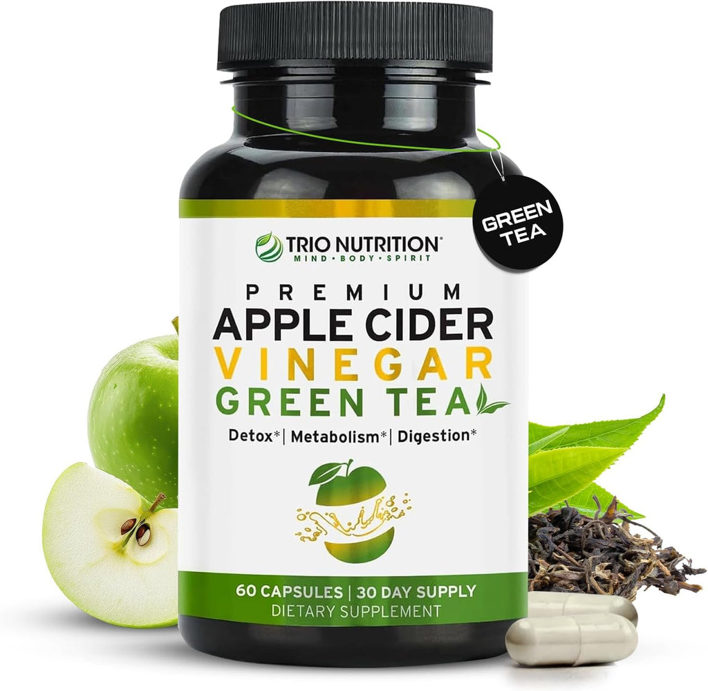 TRIO NUTRITION Apple Cider Vinegar Capsules with Green Tea - Natural Sugar Free Apple Cider Vinegar Pills with the Mother for Body Cleanse, Immune, Weight Management & Metabolism Booster*