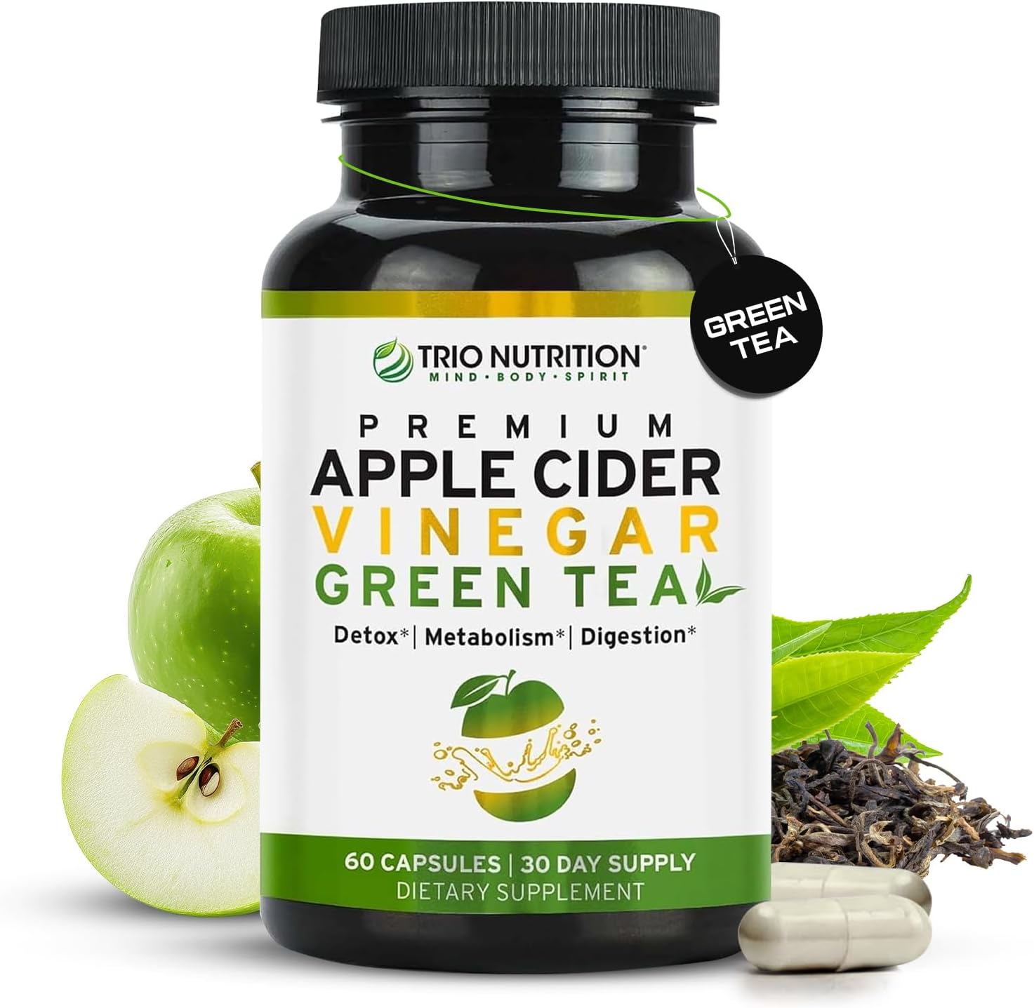TRIO NUTRITION Apple Cider Vinegar Capsules with Green Tea - Natural Sugar Free Apple Cider Vinegar Pills with the Mother for Body Cleanse, Immune, Weight Management & Metabolism Booster*