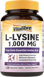 L-Lysine 1000 mg, High Potency L-Lysine HCl, Free Form Essential Amino Acid, Protein & Collagen Synthesis, Immune Support, Maximum Absorption, Vegan, 120 Tablets