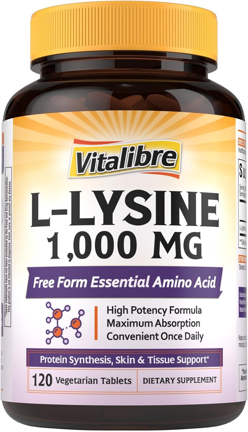 L-Lysine 1000 mg, High Potency L-Lysine HCl, Free Form Essential Amino Acid, Protein & Collagen Synthesis, Immune Support, Maximum Absorption, Vegan, 120 Tablets