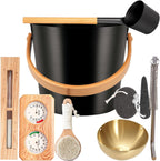 Sauna Bucket and Ladle Set, Handmade from Canadian Red Cedar Wood - Core Set (Bucket & Ladle, Body Brush, Thermometer & Hygrometer, Sand Timer, Aromatherapy Bowl Oil Cup, Pumice Stone) (Aluminum)
