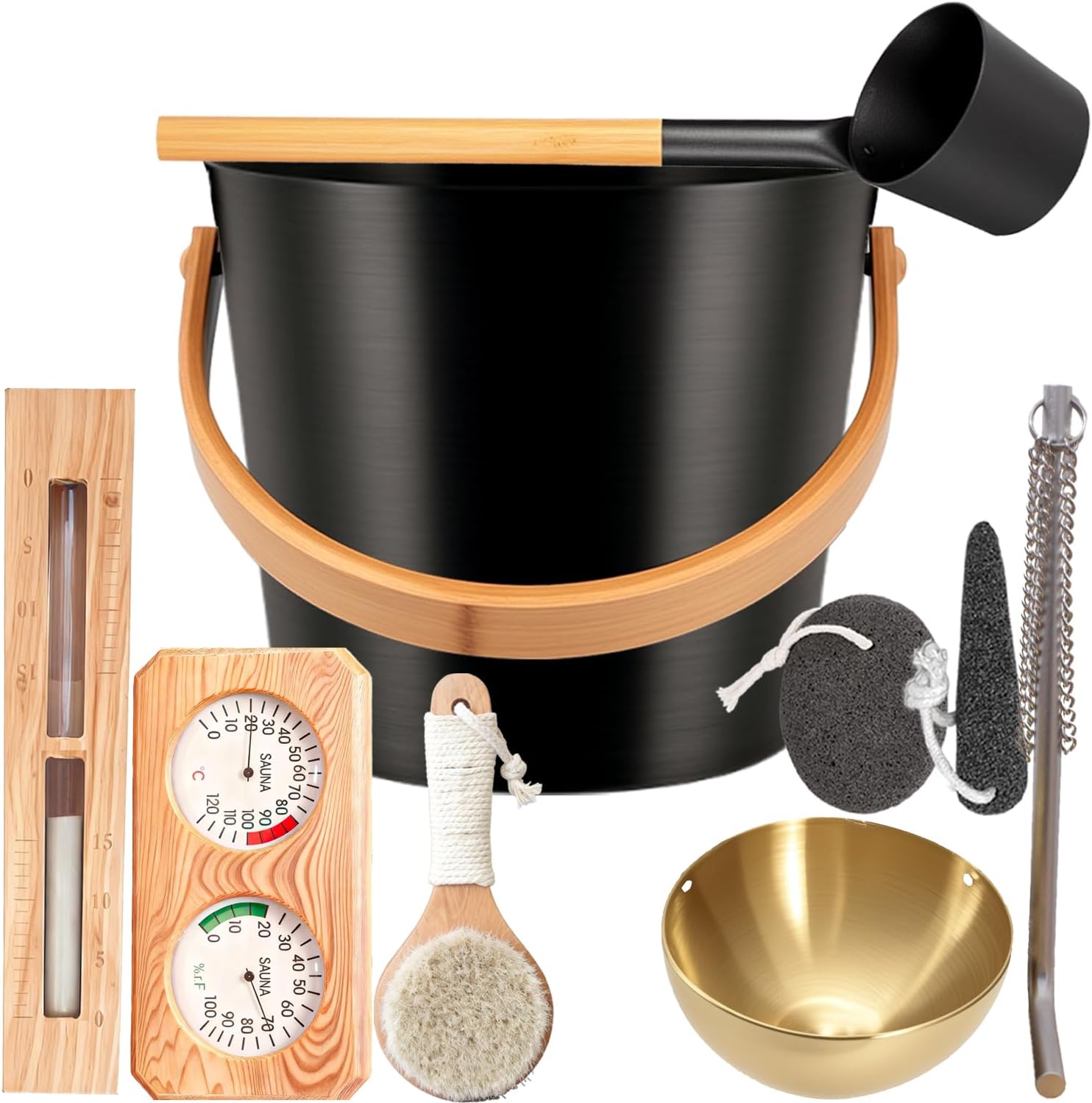Sauna Bucket and Ladle Set, Handmade from Canadian Red Cedar Wood - Core Set (Bucket & Ladle, Body Brush, Thermometer & Hygrometer, Sand Timer, Aromatherapy Bowl Oil Cup, Pumice Stone) (Aluminum)