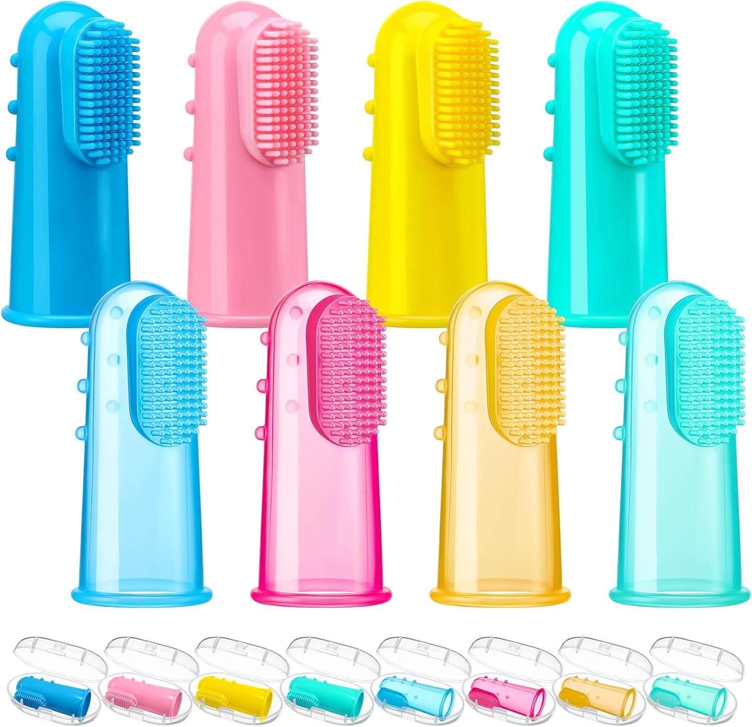 Zopeal 8 Sets Baby Finger Toothbrush Infant Toddler Training Teething Newborns Soft Silicone with 8 Boxes for Oral Habit Teething Tongue Cleaning Massaging Travel Gift Brush 0-6 and 6-12 Months