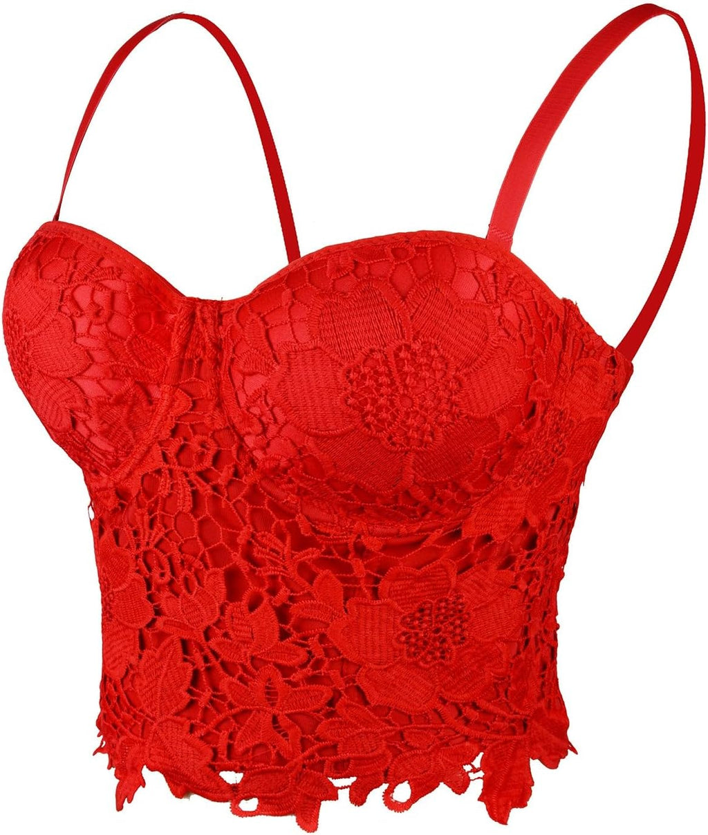 ELLACCI Women's Floral Lace Bustier Crop Top Gothic Corset Bra Tops Red