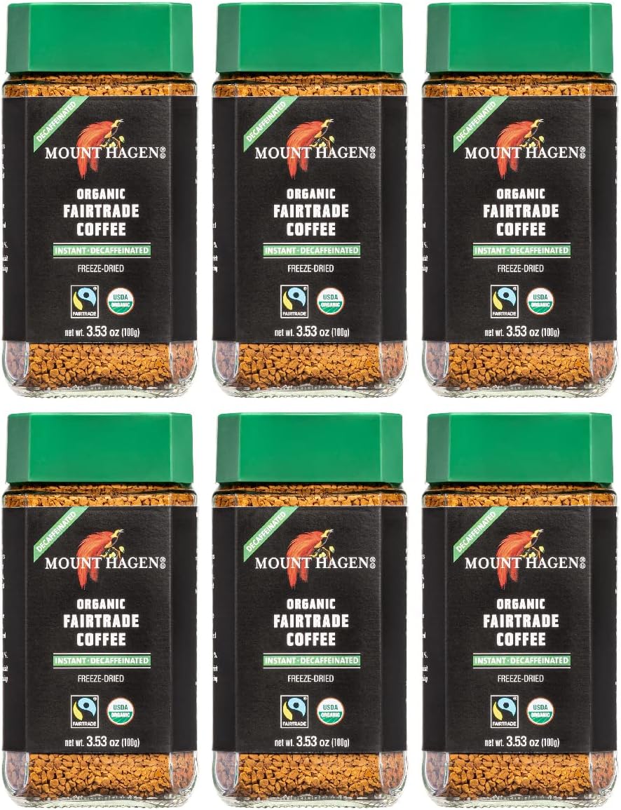 Mount Hagen 3.53oz Organic Freeze Dried Instant Decaf Coffee- 6 Pack | Eco-friendly, Fair-Trade Decaffeinated Coffee Made From Organic Medium Roast Arabica Beans [6x 3.53oz Jar]
