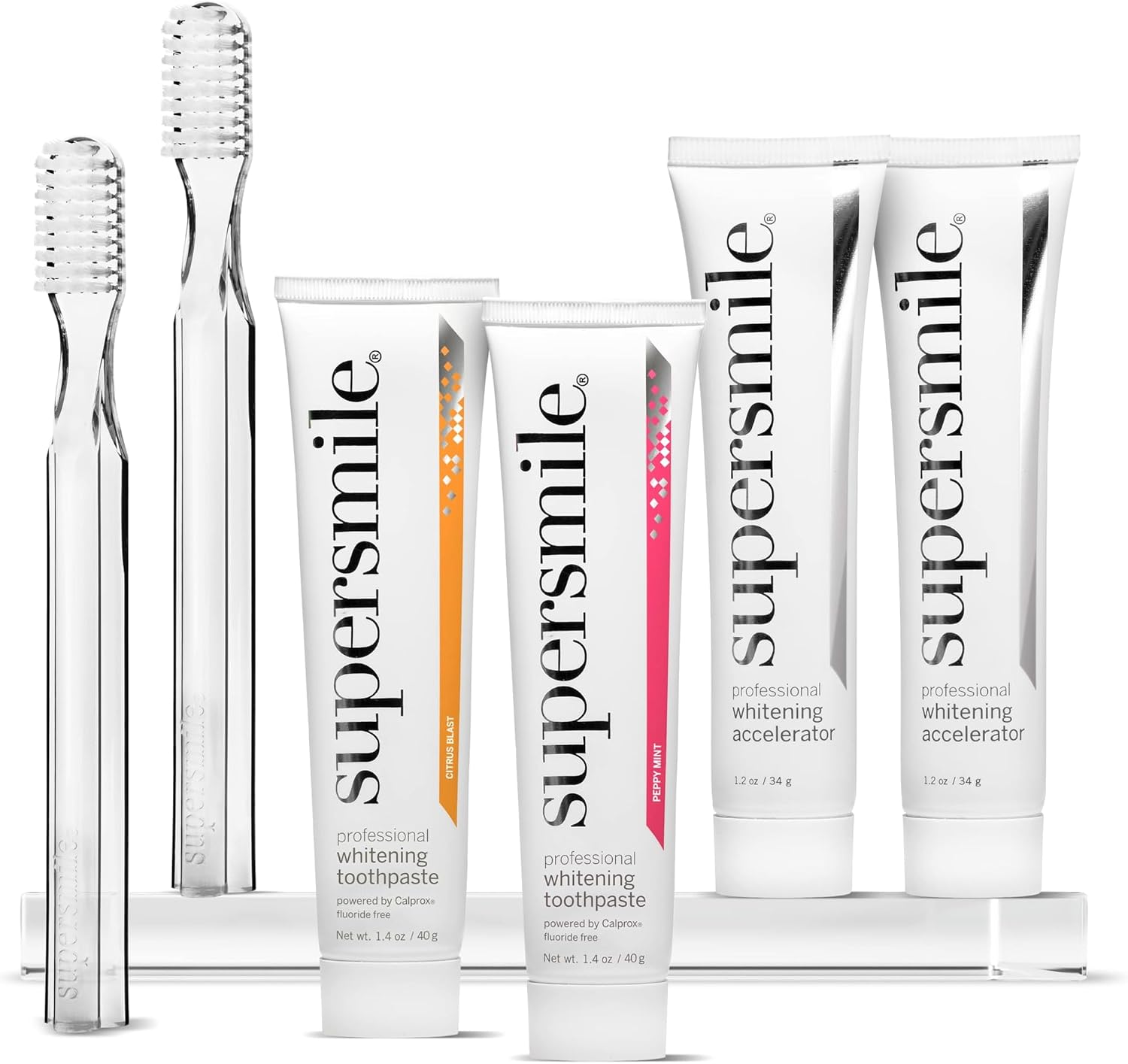 Supersmile Fluoride-Free Whitening System Gift Set with Travel Bag – 2 Calprox® Toothpastes, Accelerators & New Generation Toothbrushes – No Sensitivity, Whitens Up to 6 Shades & Strengthens Enamel