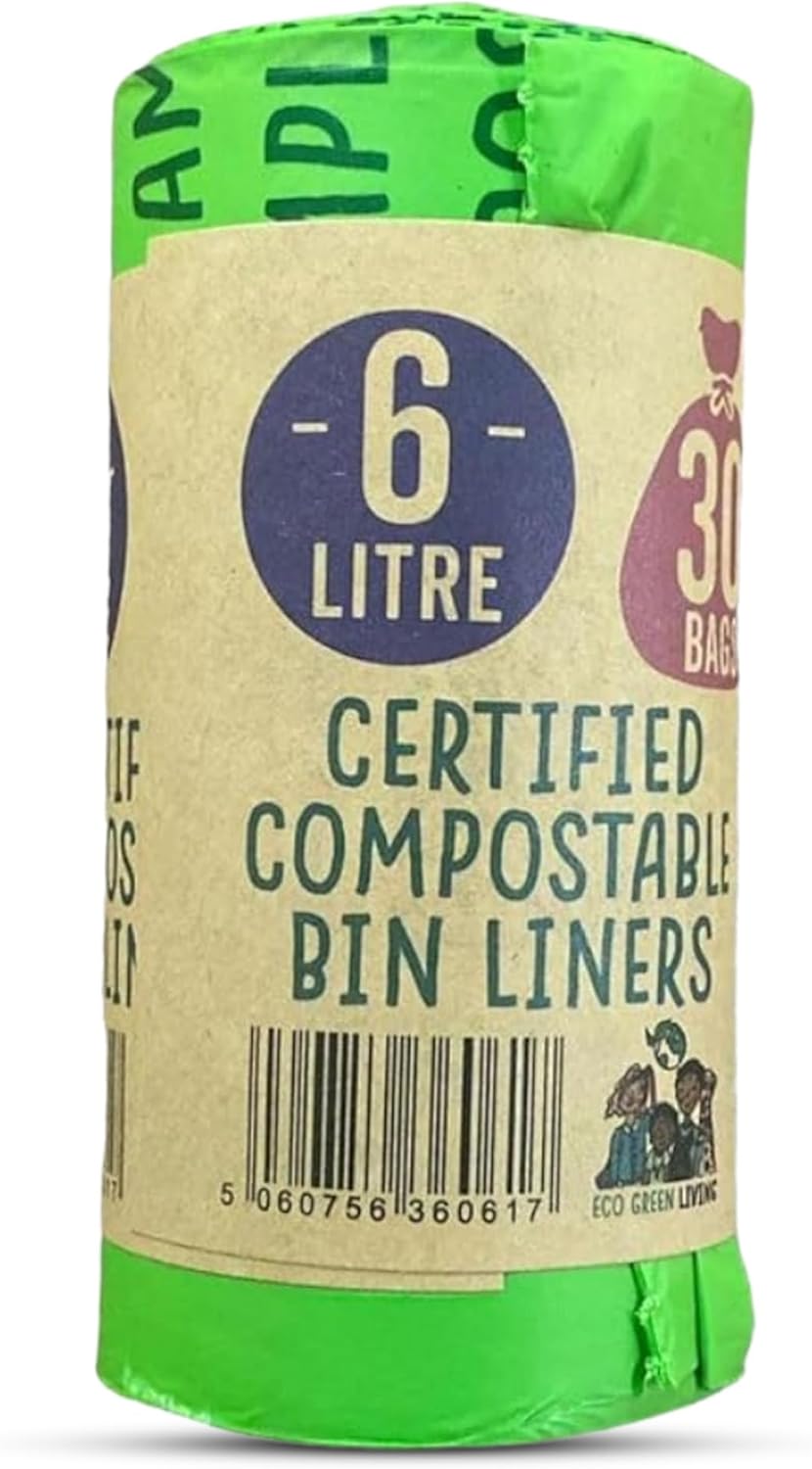 Eco Green Living 6 Litre Compostable Bin Liners – Plastic Free & Recyclable Caddy Bags for Food Waste, Leak Resistant Small Bin Liners, 36 x 66 cm - Quad Pack (120 Bags)