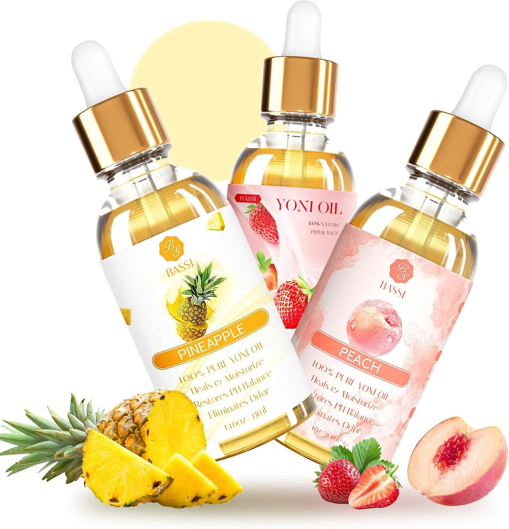3 Packs Yoni Oil for Women - Feminine Care Oil - All Natural Vaginal Essential Oils, Reduces Odor, Restores pH Balance and Wetness, 1 fl oz/pc Strawberry Pineapple Peach Scent