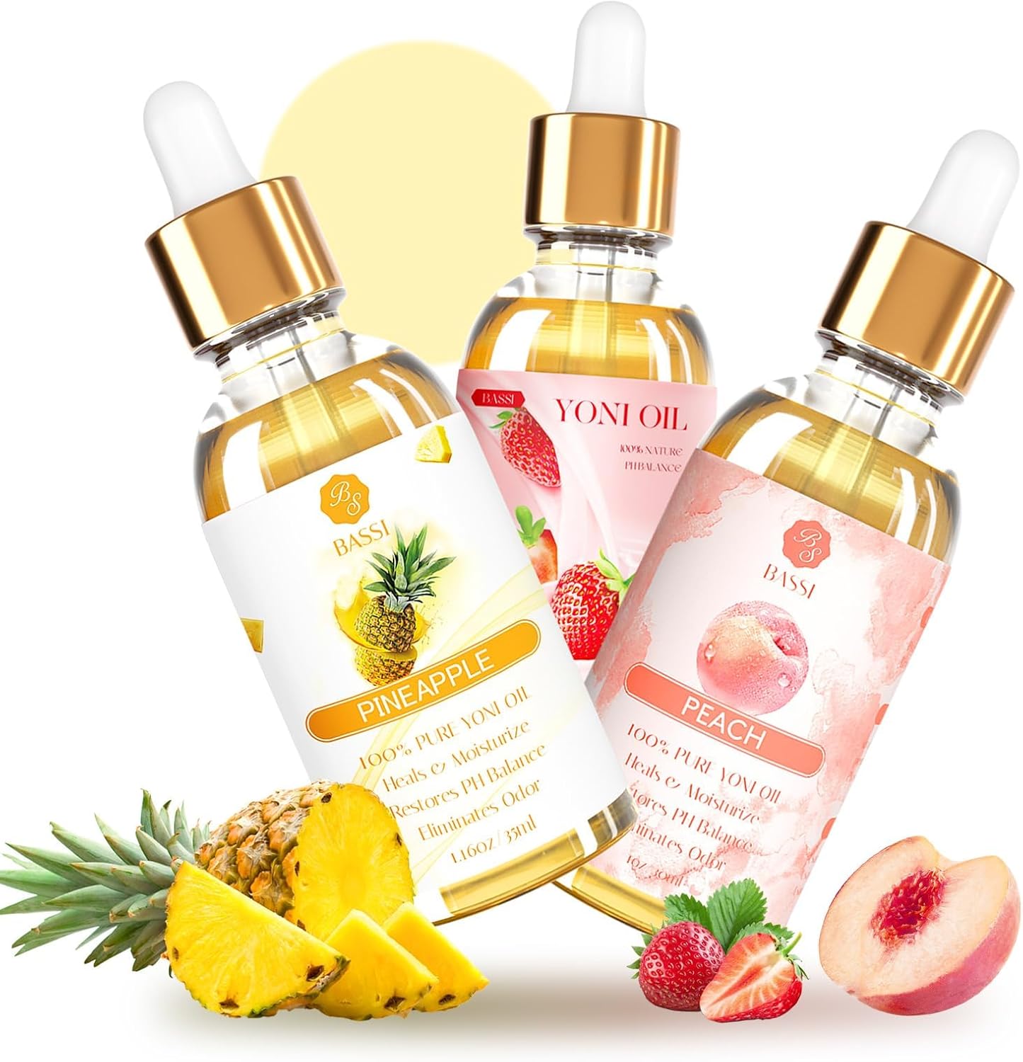 3 Packs Yoni Oil for Women - Feminine Care Oil - All Natural Vaginal Essential Oils, Reduces Odor, Restores pH Balance and Wetness, 1 fl oz/pc Strawberry Pineapple Peach Scent
