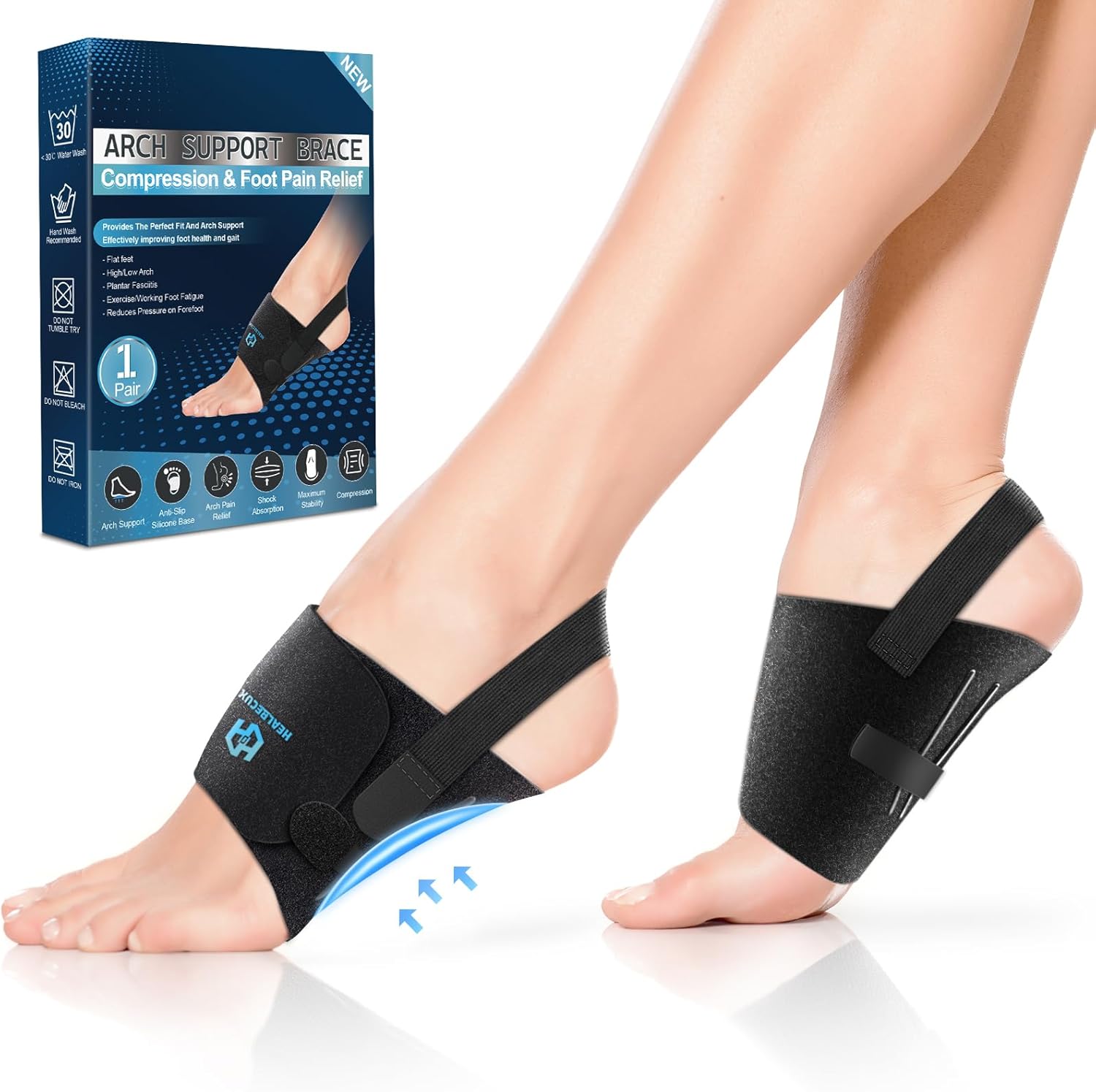 Healrecux Arch Support Braces for Plantar Fasciitis Relief, Adjustable Arch Support Compression Bands, Orthotic Support Sleeves with Gel Pads for Feet Flat, Fallen & High Arches, Foot Pain Support