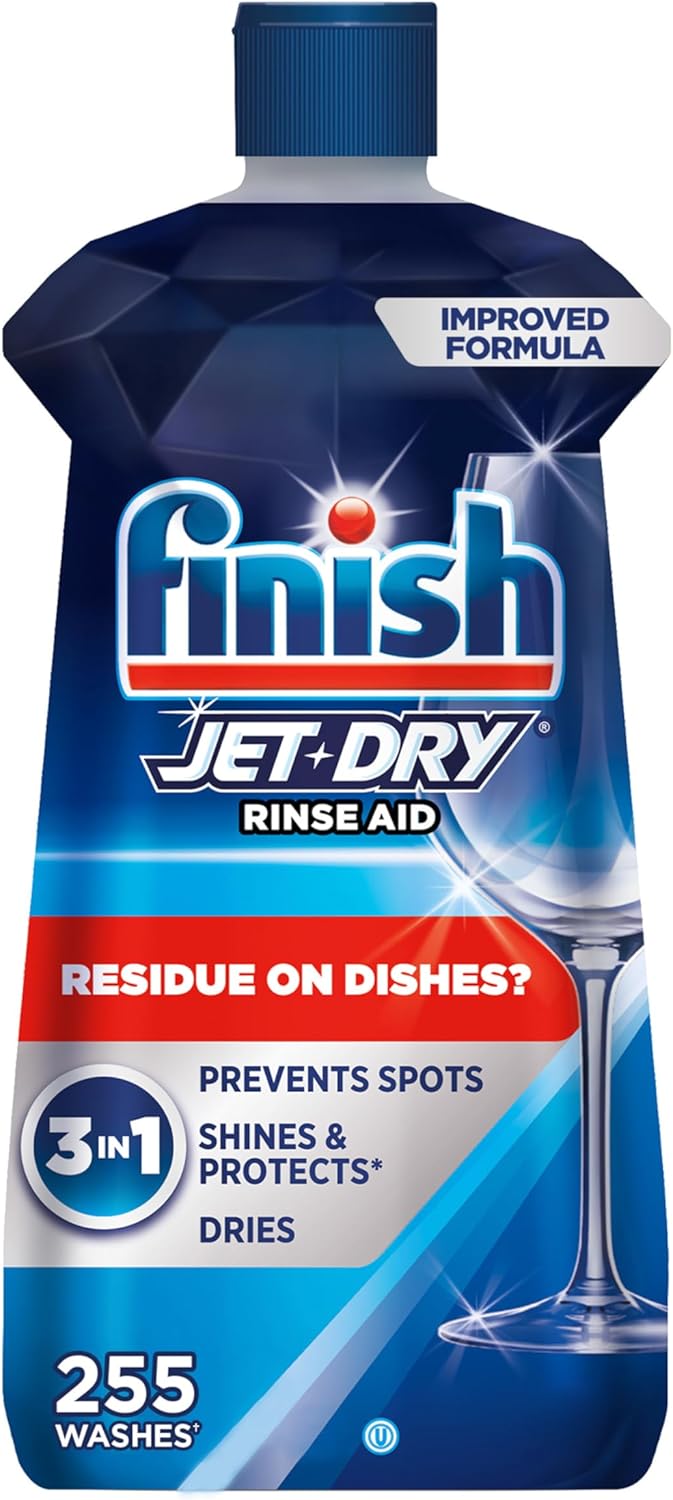 Finish Jet-Dry Dishwasher Rinse Aid, Compatible with Dishwasher Detergent, Prevents Spots & Residues, Dries, Shine & Protects, 23 oz, 255 Washes.