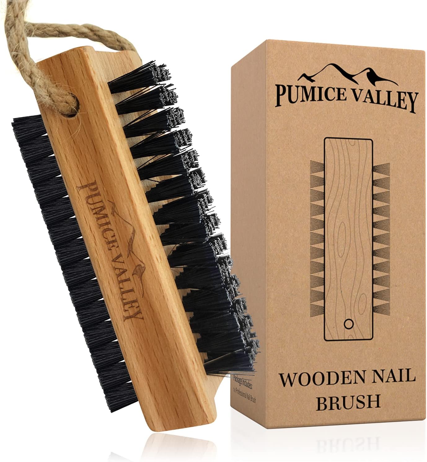 Wooden Cleaning Finger Nail Brush with Nylon Charcoal Bristles & Hanging Rope - Double-Sided Fingernail Brush for Scrubbing Fingernails and Toes (Beechwood)
