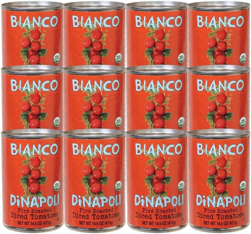 Bianco DiNapoli Organic Fire Roasted Diced Canned Tomatoes, 14.5 Oz (Pack of 12), Vine Ripened California Grown, Perfect for Soups, Sauces, Pasta and More
