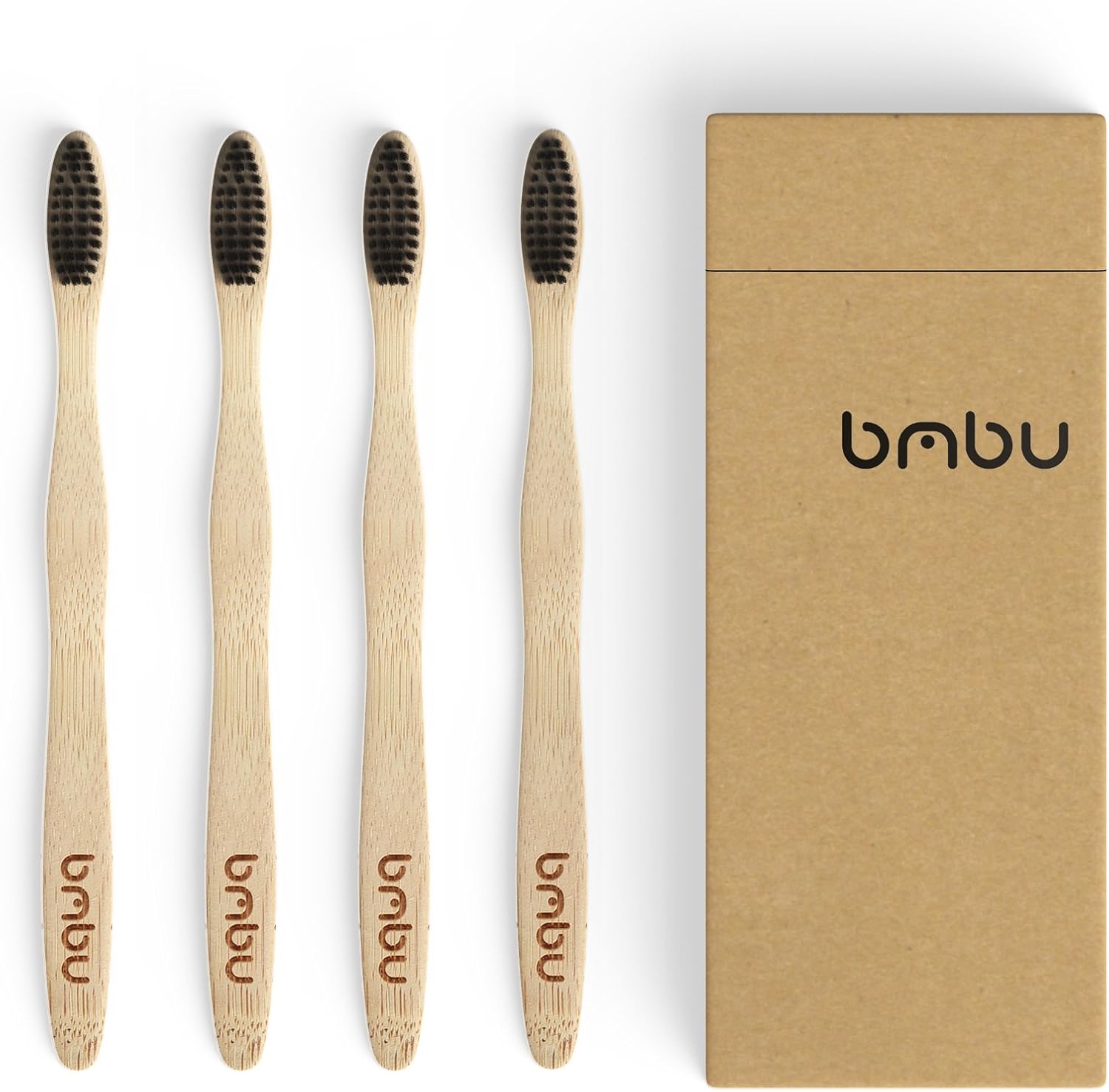 bmbu Bamboo Toothbrush 4 Pack - Medium/Soft Charcoal Bristles Tooth Brushes Wooden Handle - BPA Free, Eco Friendly, Vegan Product Gift Idea, Sustainably Grown in Recycled Biodegradable Packaging