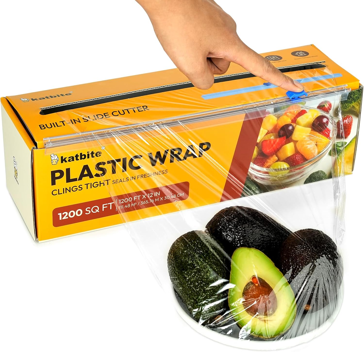 Katbite Plastic Wrap with Removable Slide Cutter, 12inch X 1200 Square Foot, Food Service Clear Film Roll, Thick Enough Stronger Durable Stretch for Daily & Comercial Use