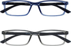 OPULIZE SEE Reading Glasses with Blue Light Blocking for Women and Men, Narrow Frame, Spring Hinges, Computer Gaming Glasses, Blue,Grey +2 (Pack of 2)