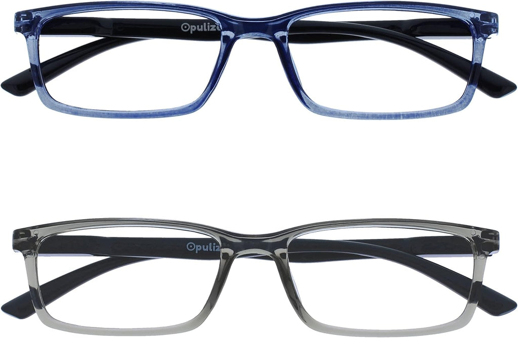 OPULIZE SEE Reading Glasses with Blue Light Blocking for Women and Men, Narrow Frame, Spring Hinges, Computer Gaming Glasses, Blue,Grey +2.5 (Pack of 2)