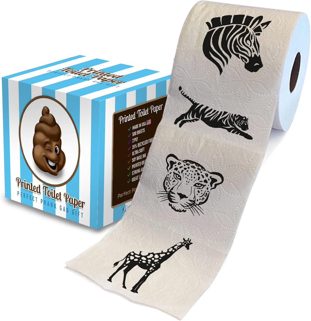 Printed TP Animal Pattern 2 Ply Toilet Paper Bathroom Tissue - Novelty Wildlife Bath Tissue Roll - Funny Toilet Paper for Home Decor, Potty Gag Gifts, Prank and Hilarious White Elephant - 500 Sheets
