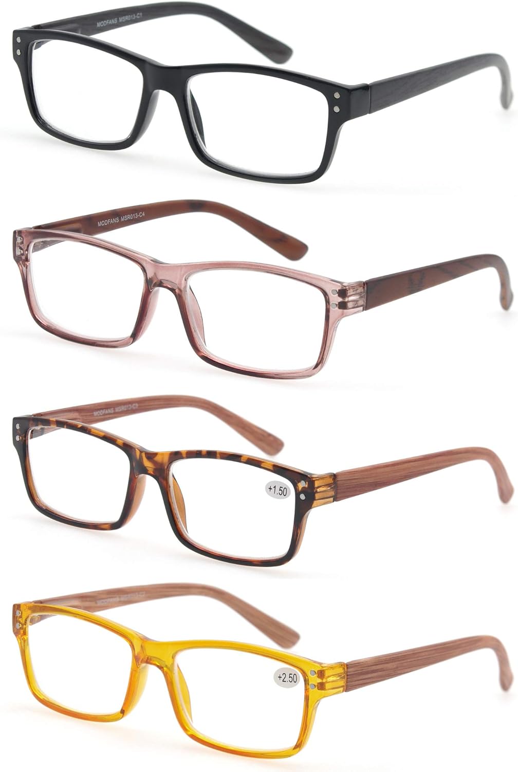 MODFANS Reading Glasses 1.75 4-Pack Wood Look Printed Arms Readers Classic with Spring Hinges for Men and Women